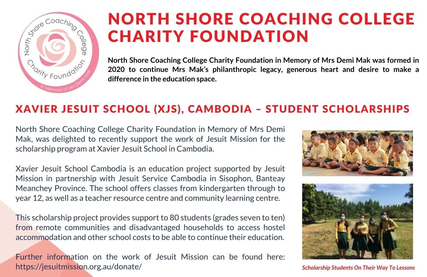 Jesuit Mission for the scholarship program at Xavier Jesuit School in Cambodia