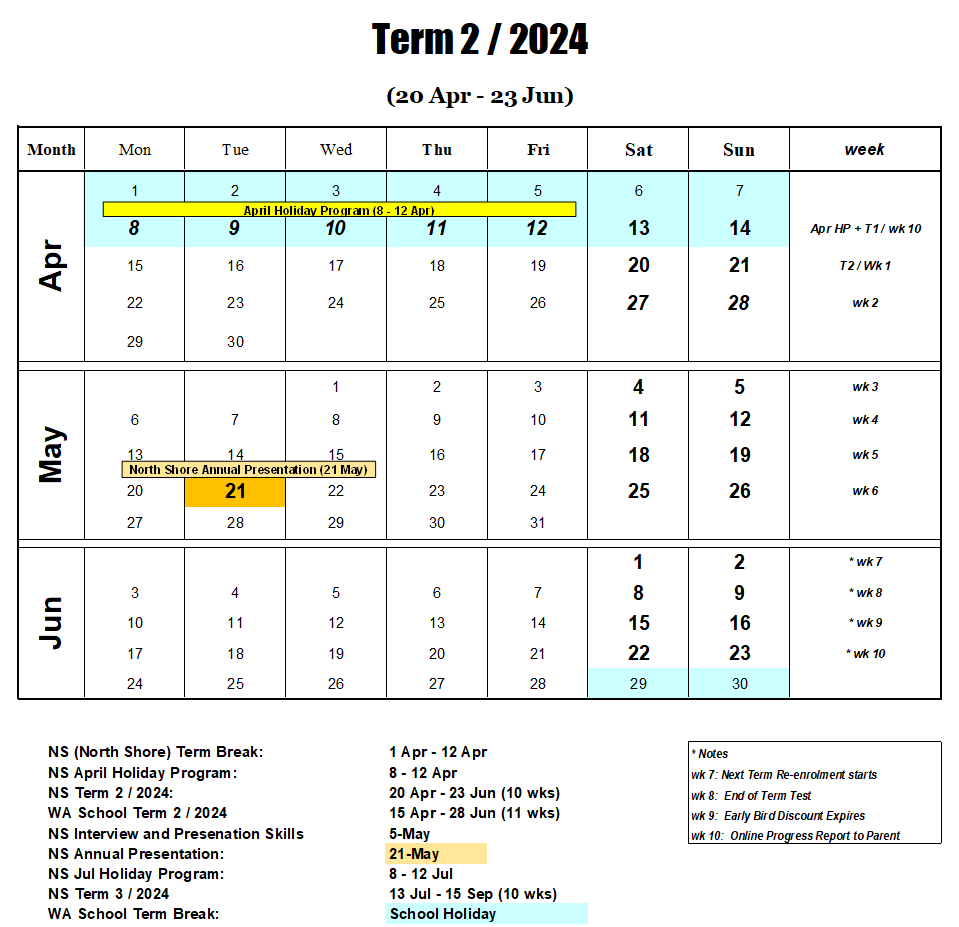 WA 2024 Term 2 Calendar North Shore Coaching College