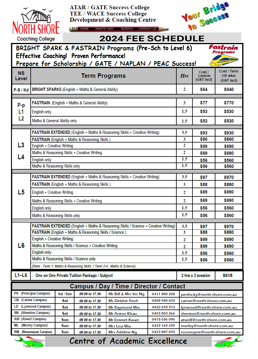 WA 2024 Fee Schedule North Shore Coaching College