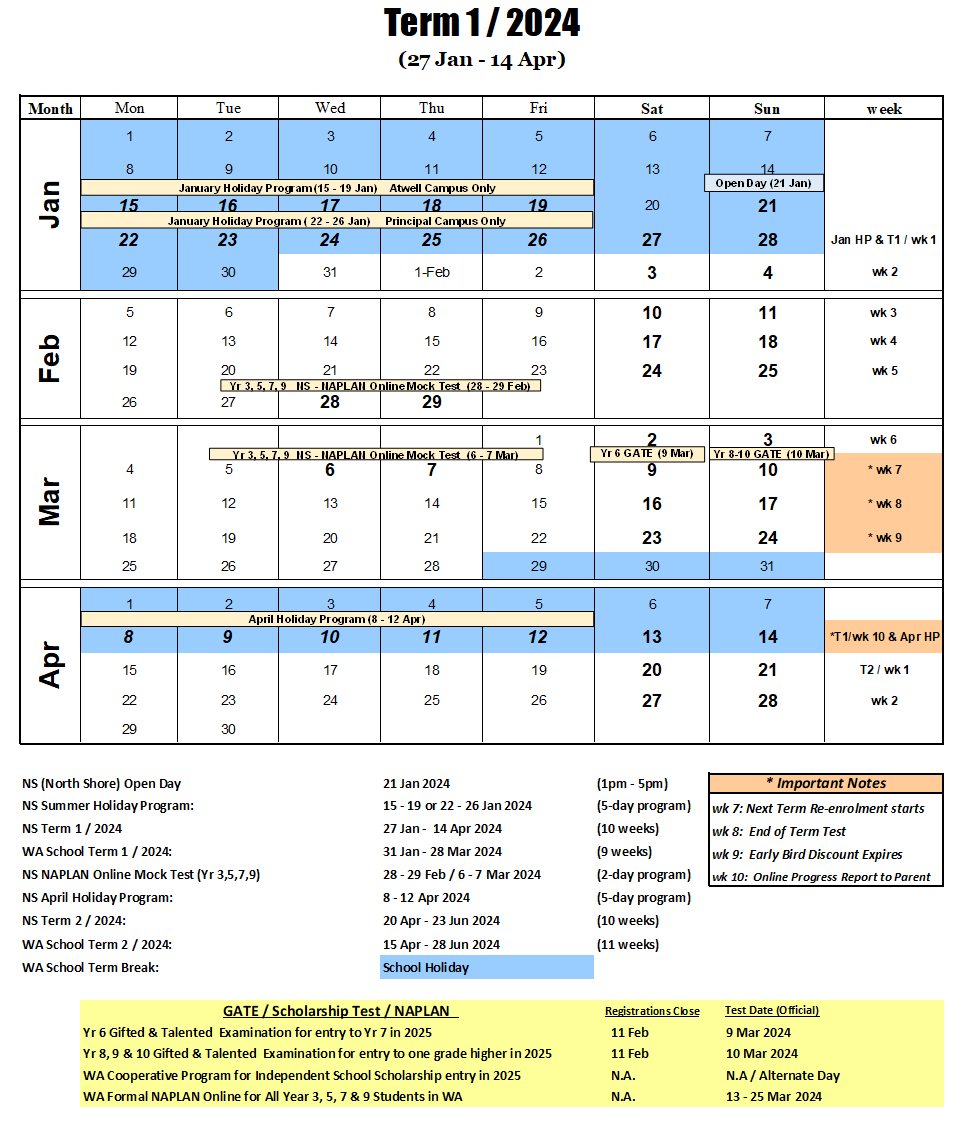 WA 2024 Term 1 Calendar North Shore Coaching College